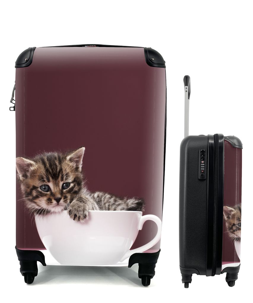 MuchoWow Koffer Handgepäck Trolley Rollkoffer Kleine Reisekoffer mit 4 Rollen - Ein Kätzchen in einer Tasse mit Untertasse - Cabin Size < 55x40...