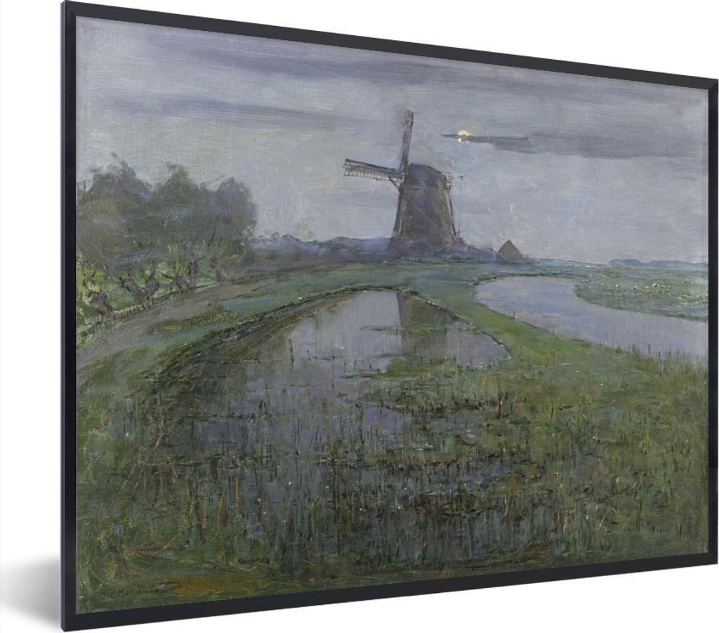 MuchoWow Gerahmtes Poster Windmühle auf der Gein bei Mondschein - Piet Mondrian 80x60 cm - Poster mit Schwarzem Bilderrahmen Wandposter Rahmen F...