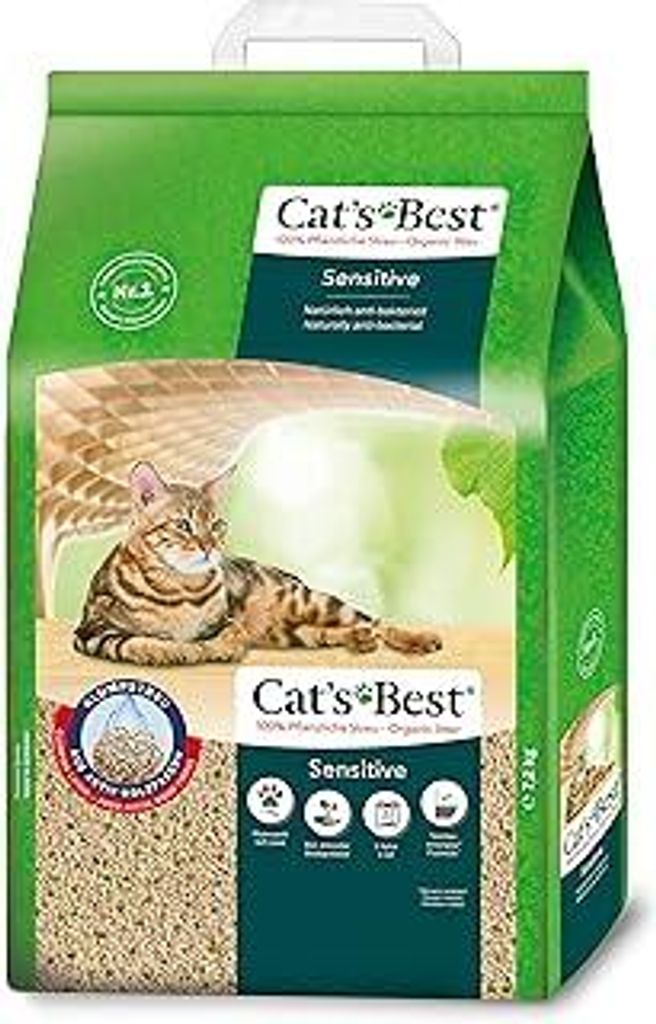 Cat's Best Sensitive, 100 % pflanzliche Katzenstreu, fest klumpend und antibakteriell aus veredelten Aktiv-Holzfasern – speziell für empfindlich...