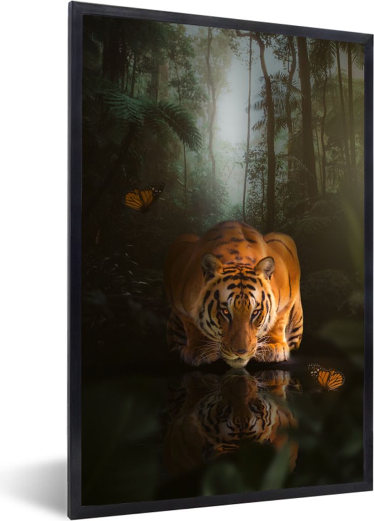 MuchoWow MuchoWow Gerahmtes Poster Tiger - Gold - Dschungel 40x60 cm - Poster mit zchwarzem Bilderrahmen - Papierdruck - Wandbilder