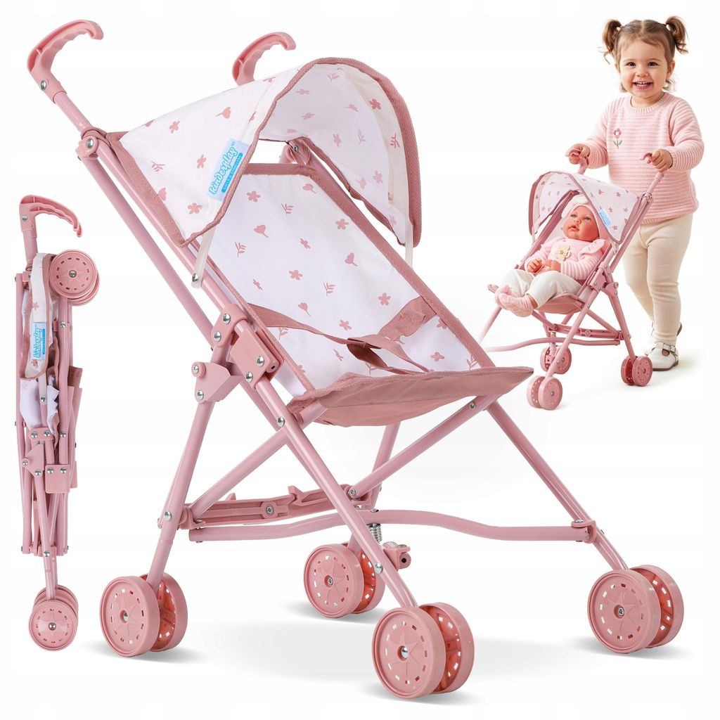 Puppenwagen Klappbar – Rosa Spielzeug-Buggy mit Sonnendach und Sicherheitsgurt – Leichter Kinderwagen für Puppen