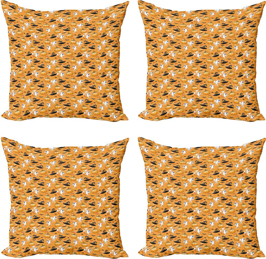 ABAKUHAUS Geist Kissenbezug Set (4 Stück), Geist-Kürbis und Zaubererhut, Moderner Doppelseitiger Digitaldruck, 50 cm x 50 cm, Orange und Multicolor