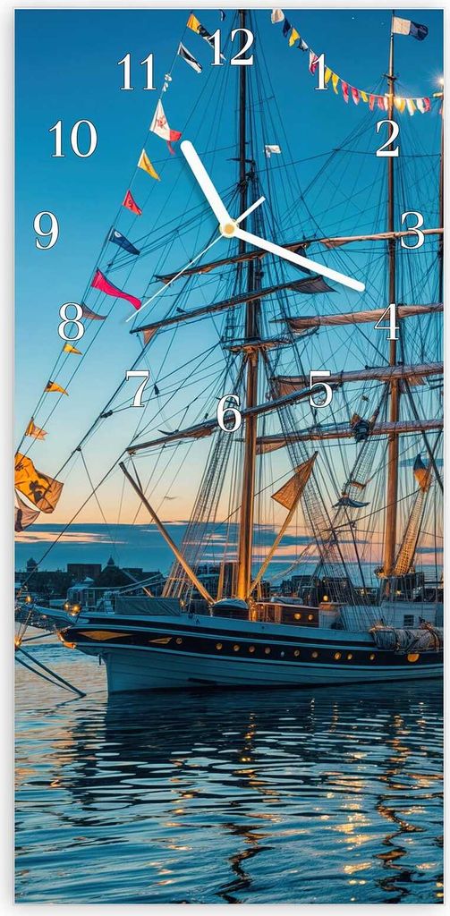Wanduhr aus Glas mit Motiv Schiffe im Hafen- 30 x 60 cm - inkl. Aufhängesystem
