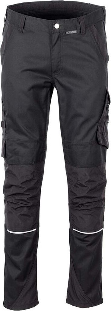 A pair of black work pants with cargo pockets and reflective accents.
