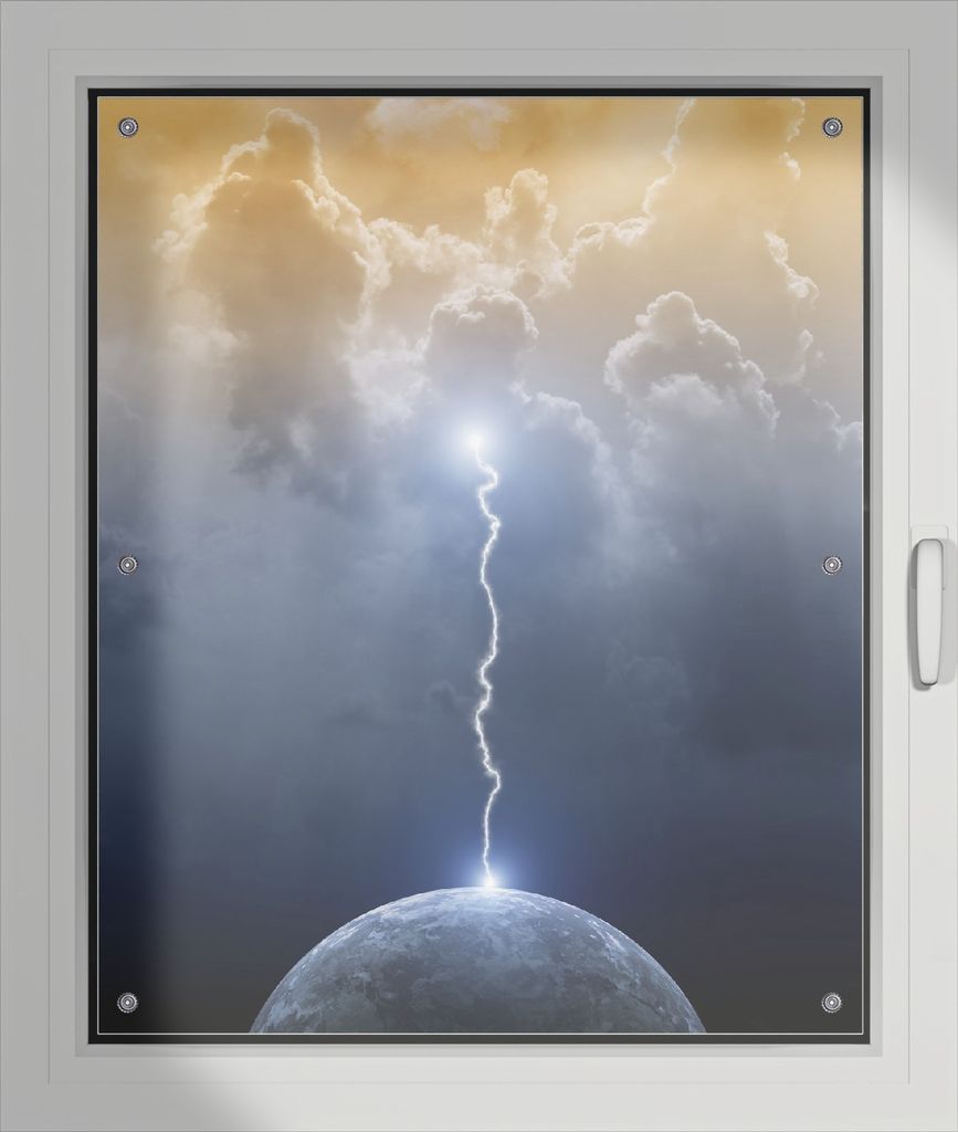 Wallario Lichtschutzbild, Dekorativer Sichtschutz Sonnenschutz 76 x 93 cm mit Motiv: Gewitter über der Erde - Verdunklung ohne Bohren