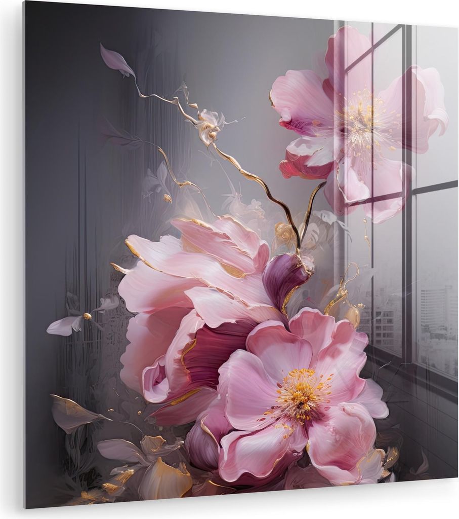 MuchoWow Glasbilder - Bilder auf Wandbild - Foto auf Glas Blumen - Rosa - Stillleben - Kunst 50x50 cm Wanddekoration aus Glas - Acrylglasbild - Acr...