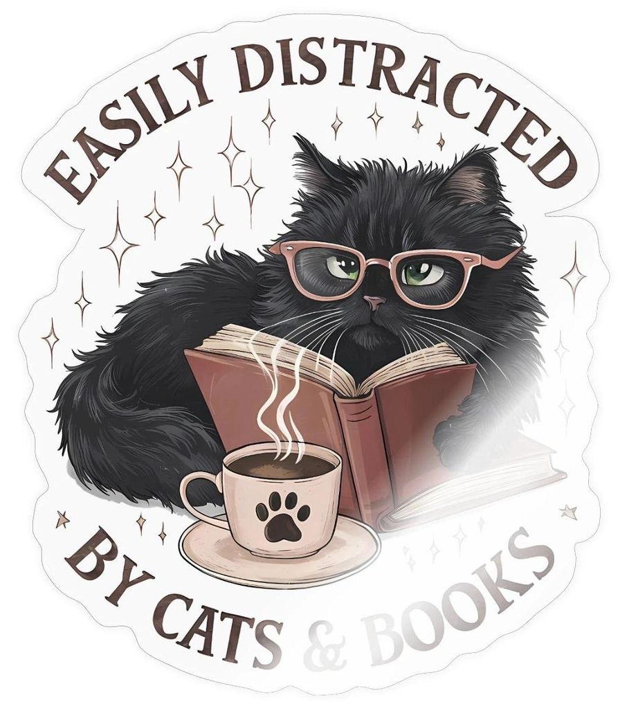Spreadshirt Easily Distracted By Cats & Books | Leseratte Katze Sticker Aufkleber, 10 x 10 cm, Transparent glänzend
