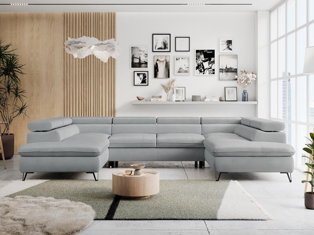 Wohnzimmersofa U-form, Eckcouch, Schlaffunktion und Bettkasten - PETER U - Velvet - Hellgrau