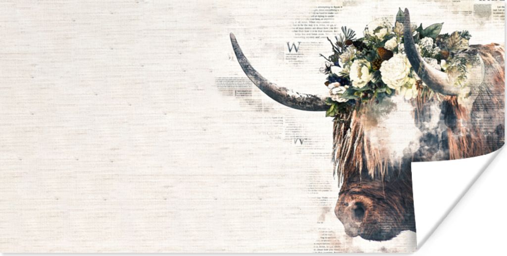 MuchoWow Poster Schottische Highlander - Rosen - Zeitungspapier 40x20 cm - Poster für die Wand - Poster Schlafzimmer