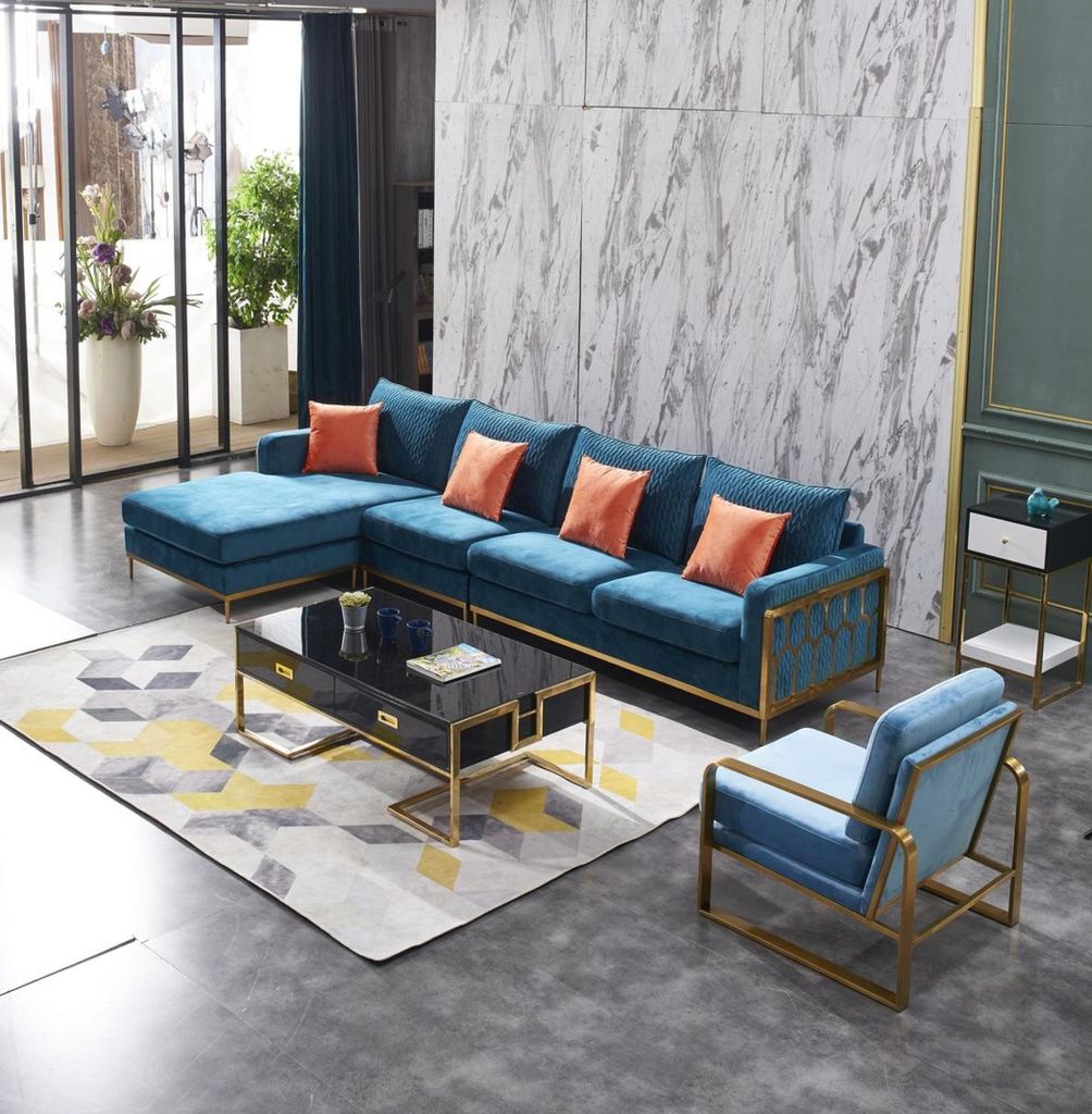 Ecksofa L Form Couchtisch Sofa Couch Design Polster Luxus Blau Tisch 2tlg Metall
