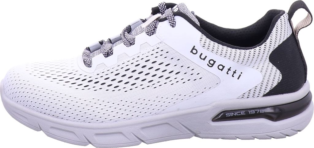 A side view of a white Bugatti sneaker.
