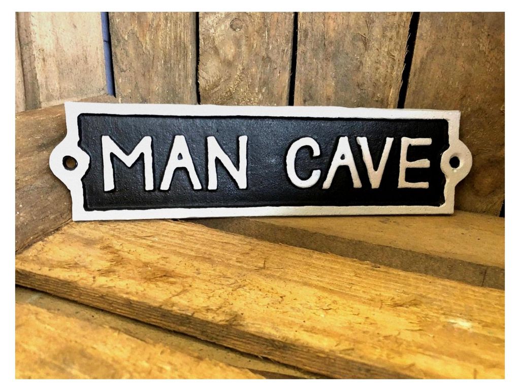 Türschild für Haus, Tor, Garten, Garage, aus schwerem Gusseisen in Antik-Schwarz, mit gravierter Aufschrift „Man Cave“