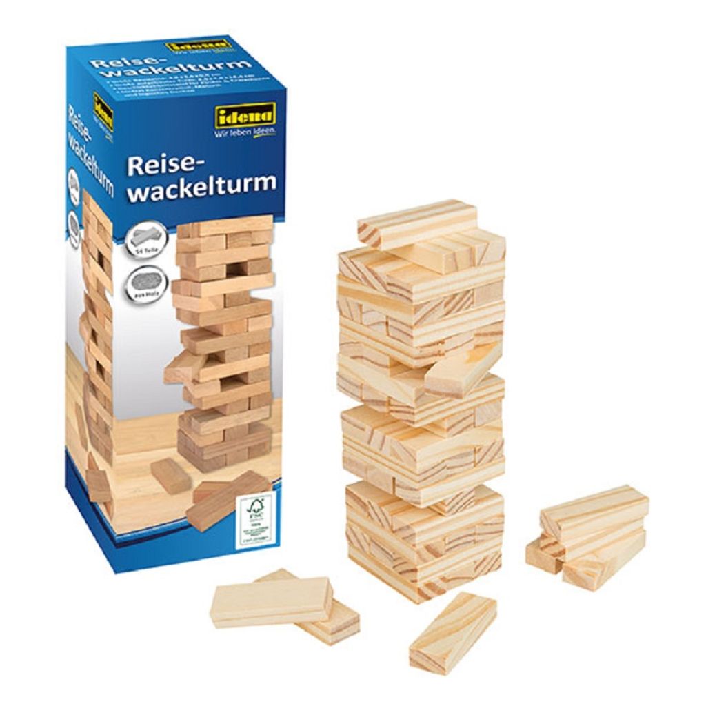 A product shot of a wooden block stacking game and its packaging.