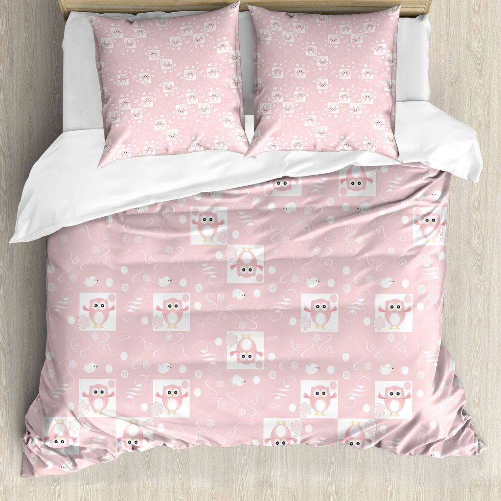 ABAKUHAUS Eulen Bettbezug, Rosa Eulen Vögel Floral, Milbensicher Allergiker geeignet mit Kissenbezügen, 155 cm x 220 cm - 80 x 80 cm, Pale Pink W...