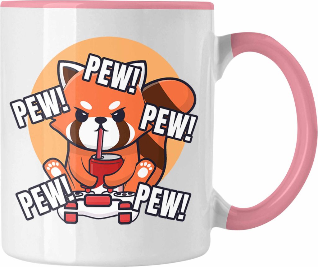 Trendation - Gamer Panda Tasse Kinder Geschenkidee für Jungs Mädchen Lustige Grafik Gaming Jungen Pew (Rosa)