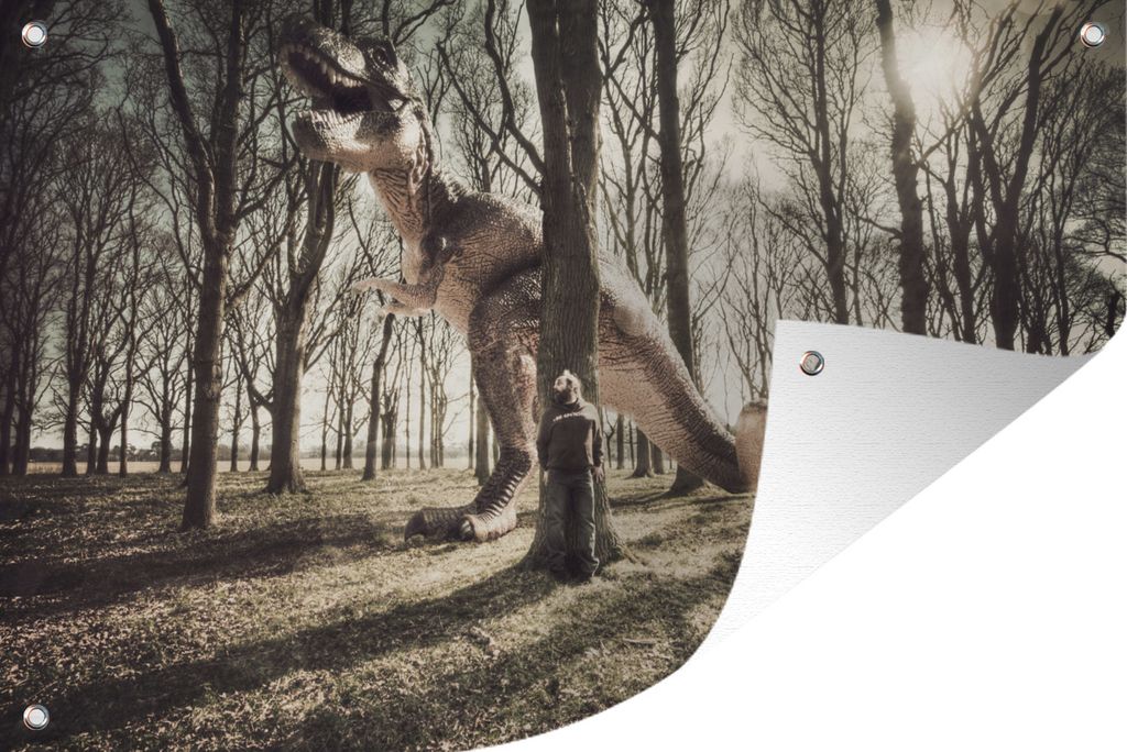 MuchoWow 120x80 cm Outdoor-Poster Gartendeko Sichtschutz Garten Poster für den Garten Dinosaurier - Wald - Baum