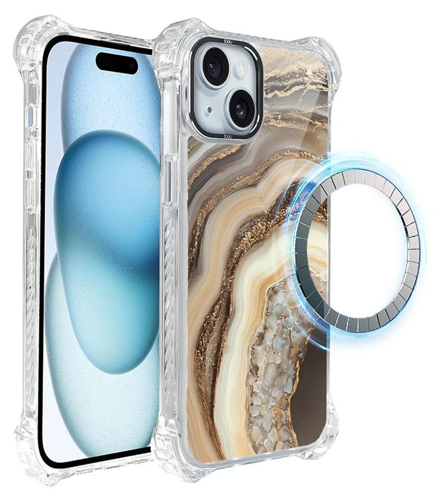 Schutzhülle für das iPhone 15, MagSafe-kompatibel, verstärkte Ecken, transparente Seiten, Zierstein, Achat