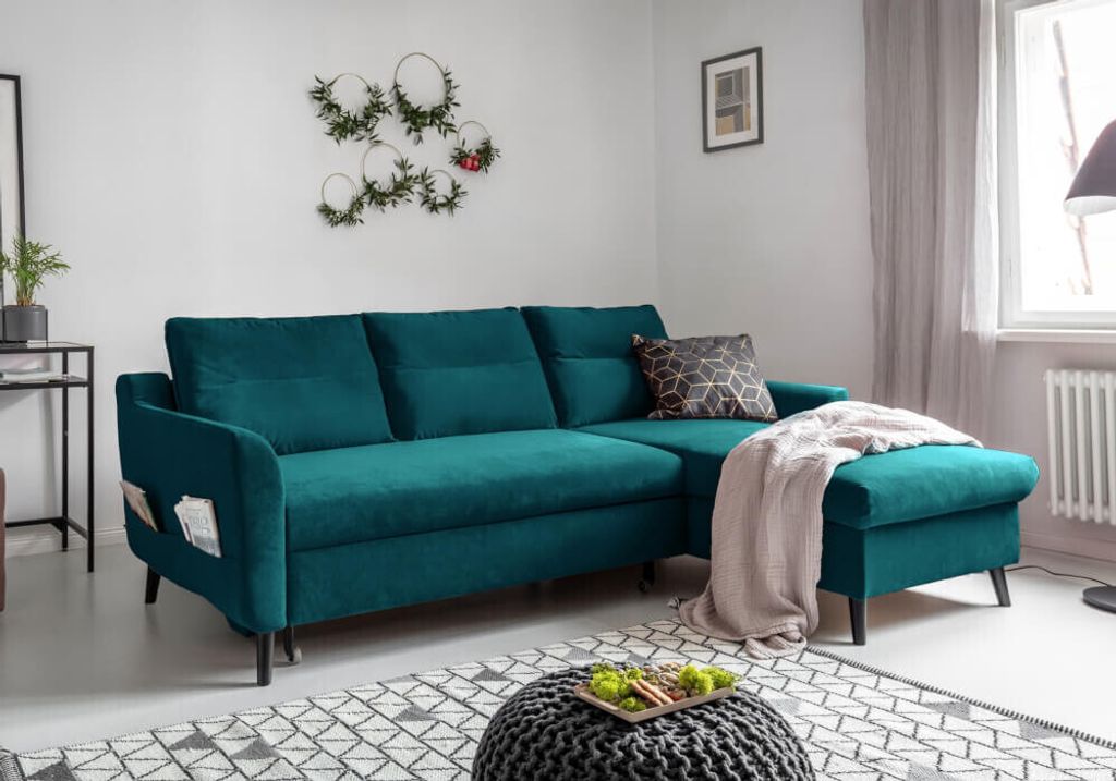MIUFORM Stylish Stan Velours - Ecksofa mit Bettfunktion - 224x148cm - Türkis - L-Form Rechts - Schlafsofa Couch