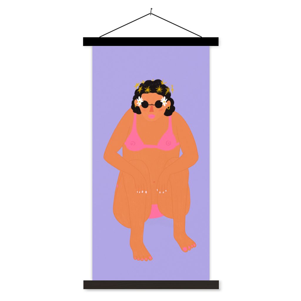 MuchoWow Textilposter Frau - Bikini - Retro 90x180 cm mit schwarzem Rahmen - Dekoration Wohnzimmer
