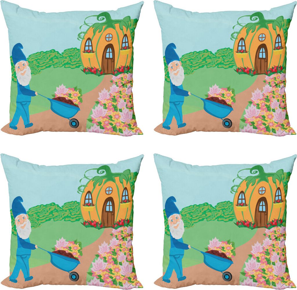 ABAKUHAUS Gnom Kissenbezug Set (4 Stück), Magic House im Wald, Moderner Doppelseitiger Digitaldruck, 50 cm x 50 cm, Mehrfarbig