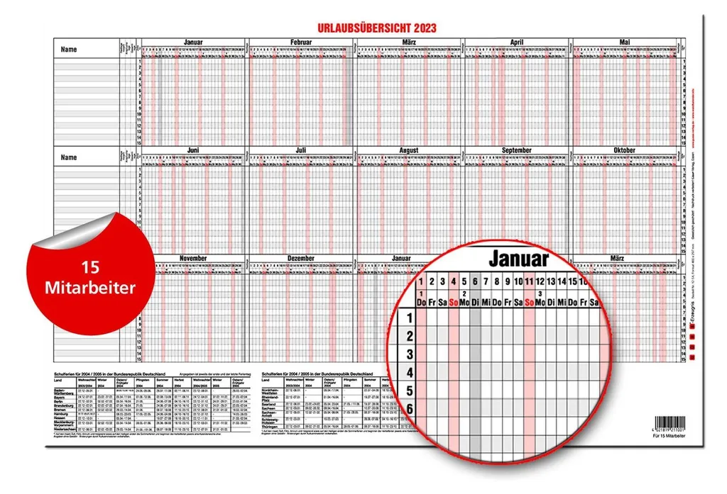 GÜSS 12-54V Aperçu des Congés pour 15 Employés - Planning 30 x 46 cm