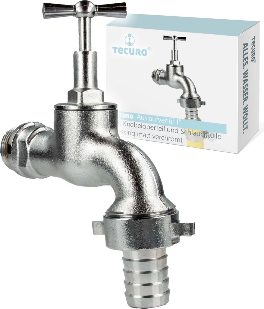 tecuro Auslaufventil 1 Zoll, Knebeloberteil, Schlauchtülle - Messing mattverchromt
