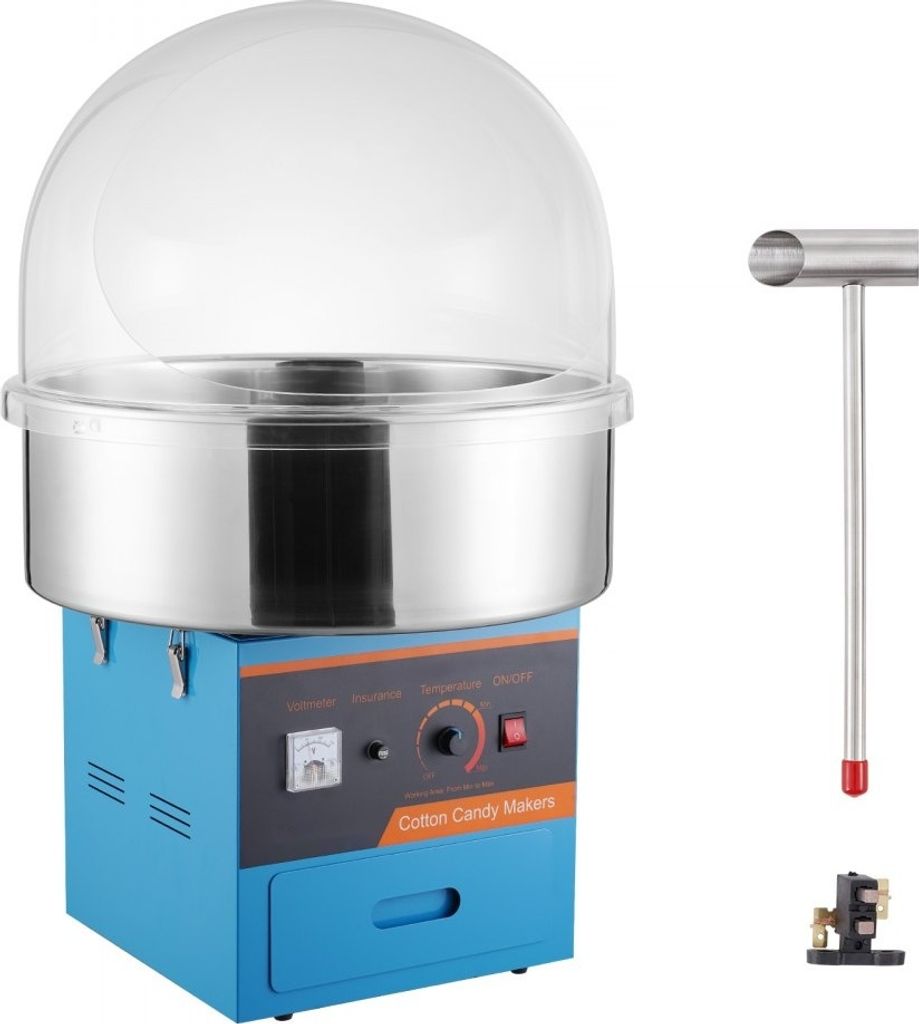Elektrische Zuckerwattemaschine - 1 kW - Kommerzielle Zuckerwattegeräte mit Abdeckung - Edelstahl-Schüssel - Zuckerschaufel - Schublade - für Ki...