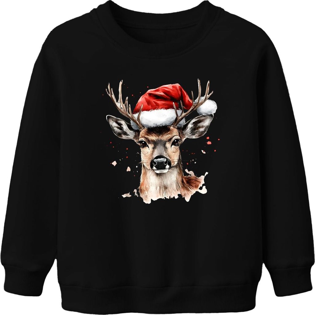 Rentier Nikolaushut Aquarell Weihnachten Geschenk Lustig Vintage Uni Kinder Sweatshirt Pullover, Schwarz, 116