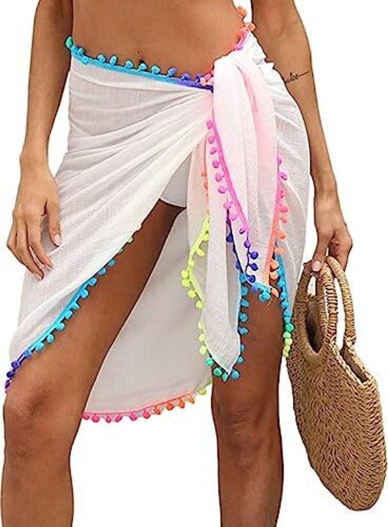 Damen Strand Sarong š¹berzug Strandmode R?cke Sommerferien Wickelkleid Badeanzug š¹berzš¹ge mit Quaste Wei?