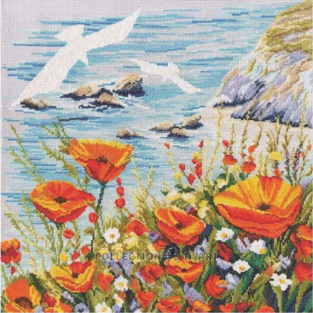 Coussin Broderie Point de Croix : Kit Complet Mouettes 40x40cm Facile