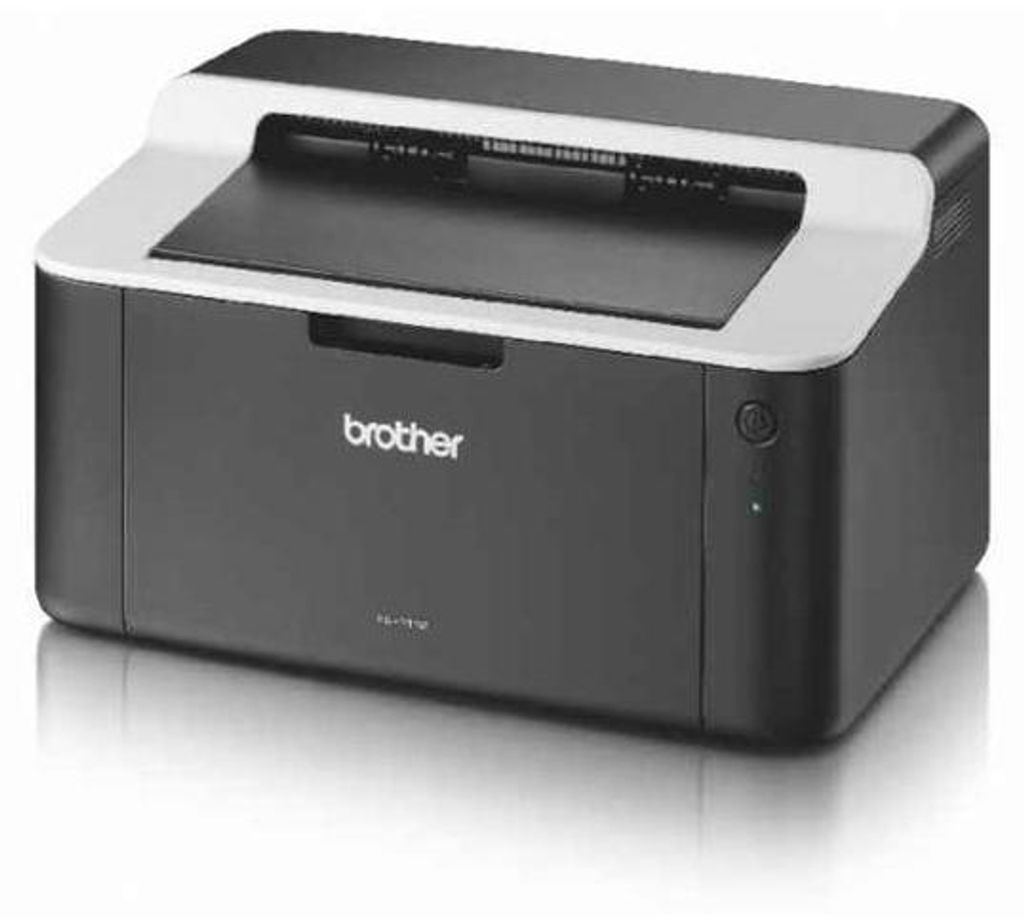 A studio shot of a Brother laser printer on a reflective surface.