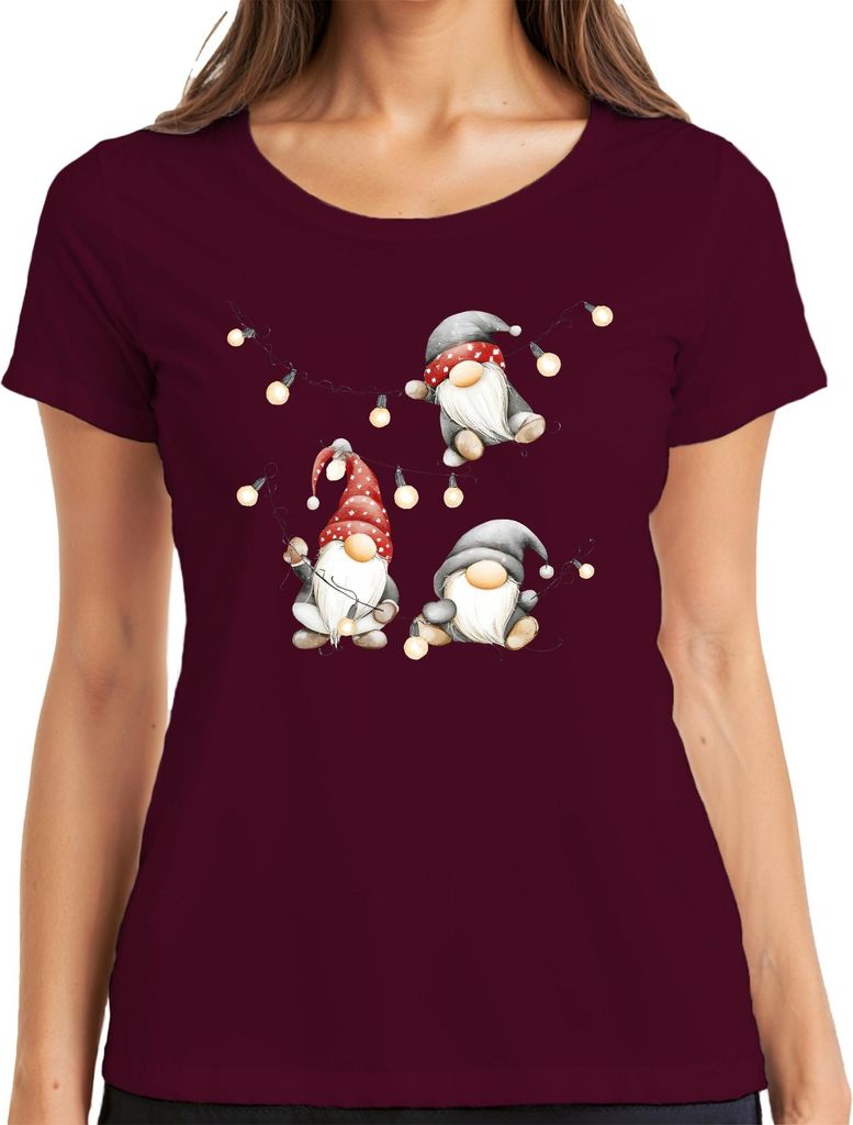 Weihnachtswichtel Weihnachten Lichterkette niedlich Skandinavisch Damen T-Shirt, Burgundy, S