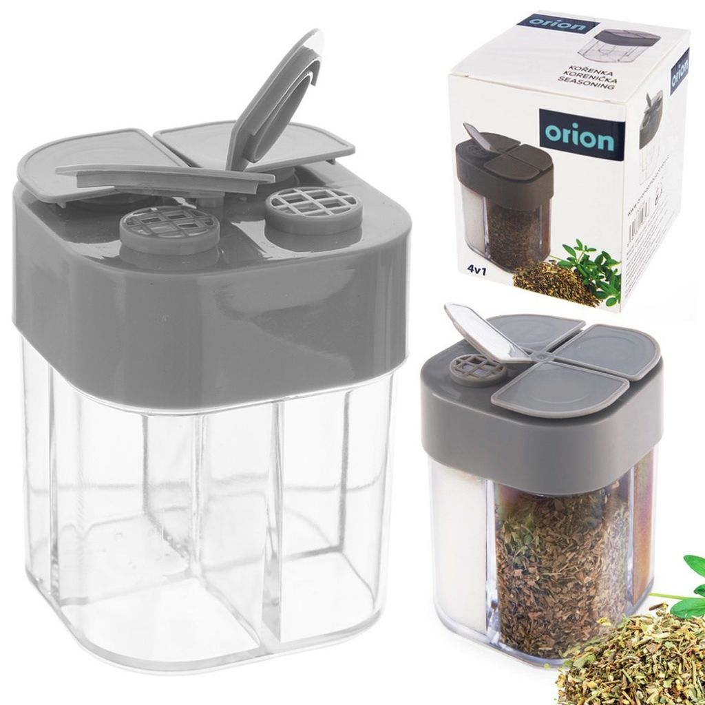 A collage of a multi-compartment spice container and its packaging.