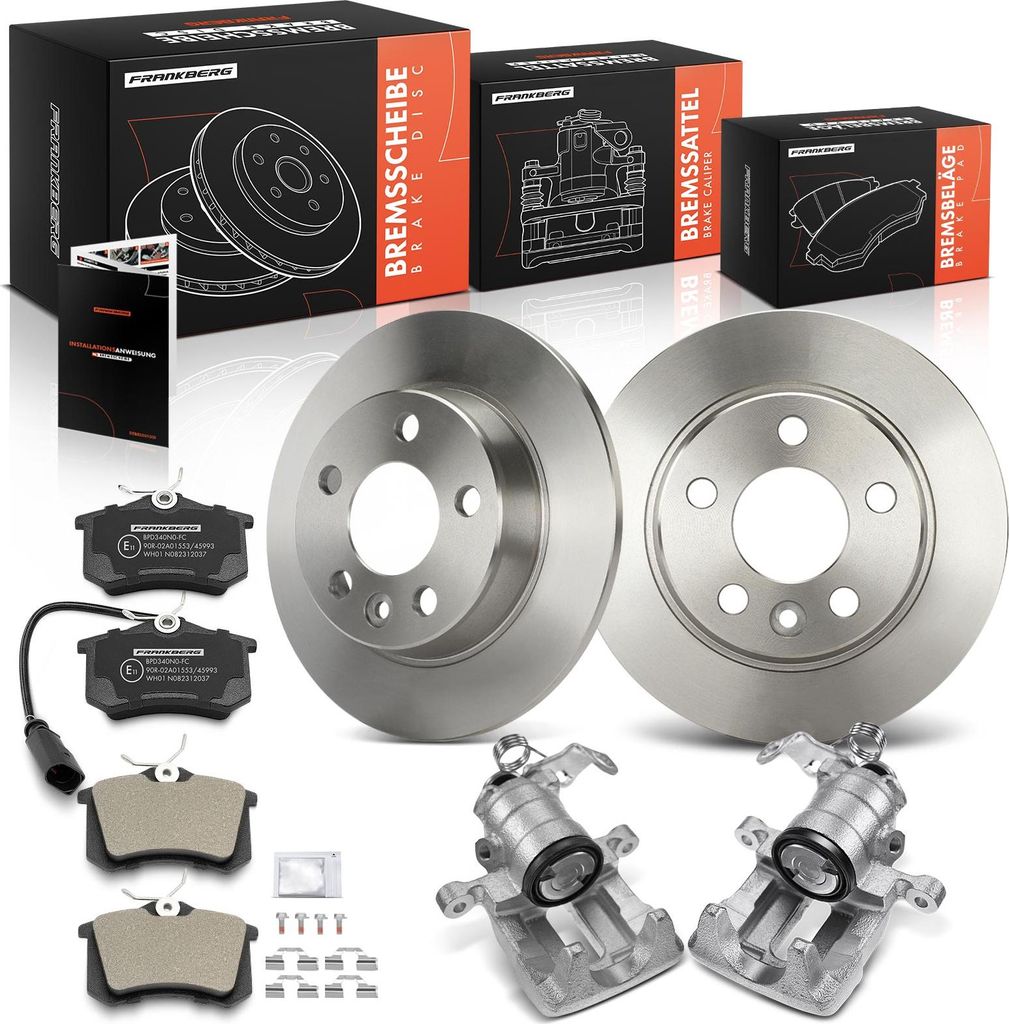 Frankberg 2x Bremssattel+2x Bremsscheiben+4x Bremsbeläge Hinten für VW Sharan 7M6 7M8 7M9 Seat Alhambra Ford Galaxy