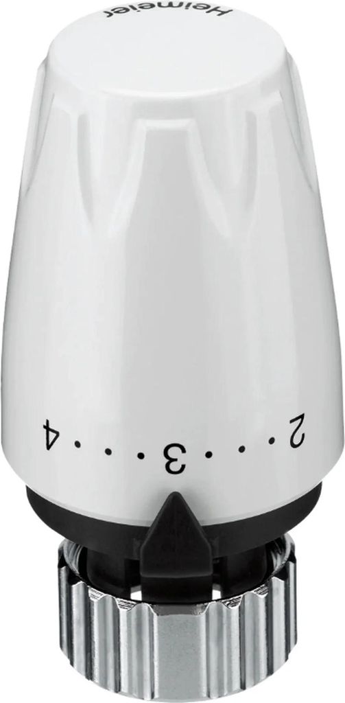 A close-up studio shot of a white thermostat head with black markings and a silver base.