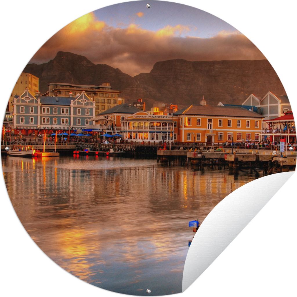 MuchoWow Gartenposter Outdoor-Poster Rund Ein Blick auf den Tafelberg mit den bunten Häusern von Kapstadt Ø 150 cm Gartendeko Rundes Poster dra...