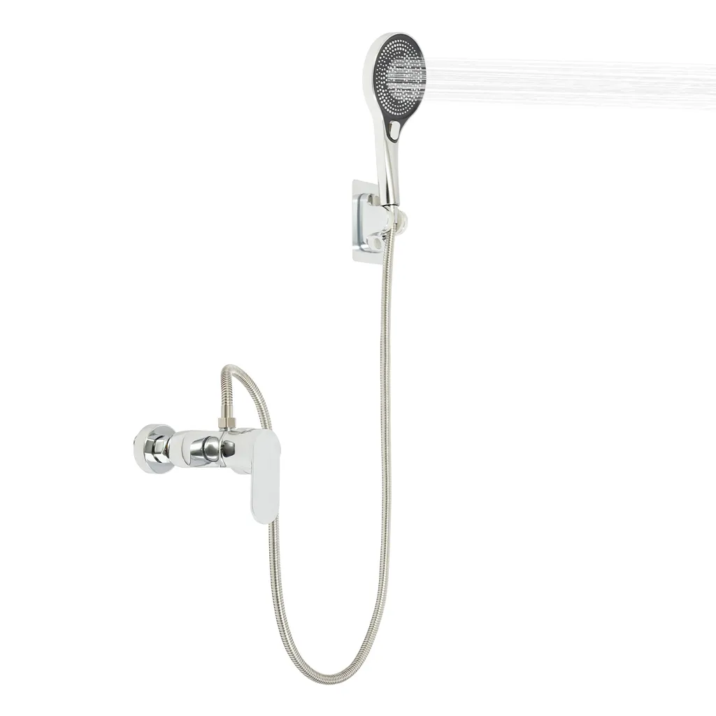 Garniture de douche mitigeur avec douchette argent chromé pour salle de bain