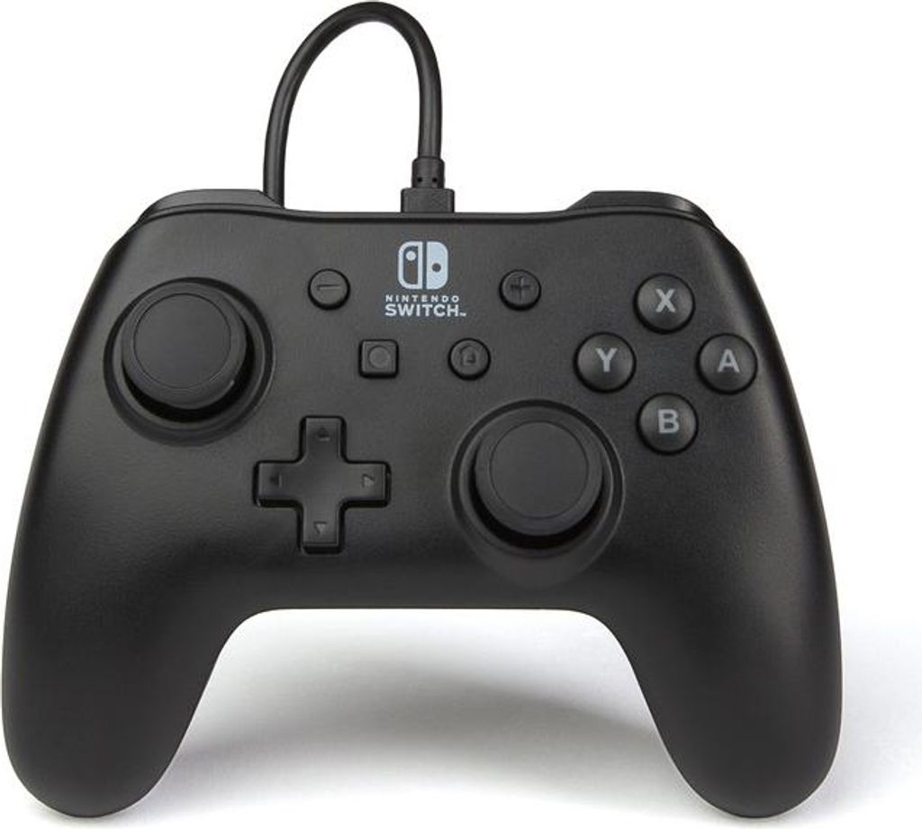 A black Nintendo Switch controller is shown against a white background.