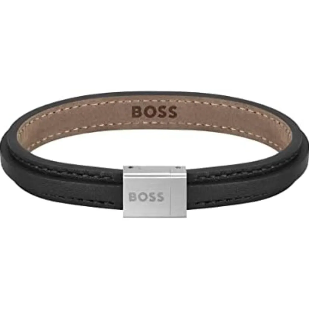 Bracciale Grover 1580328 in Pelle Nera da Uomo | Eleganza BOSS 18 cm