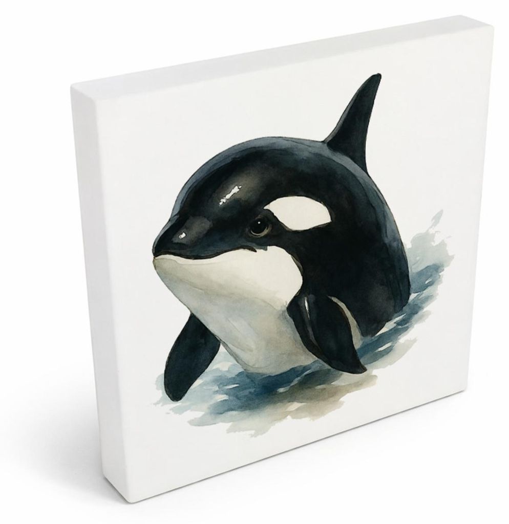 Wasserleben Orca Aquarell Holzbild in 10x10 cm zum Stellen oder Aufhängen