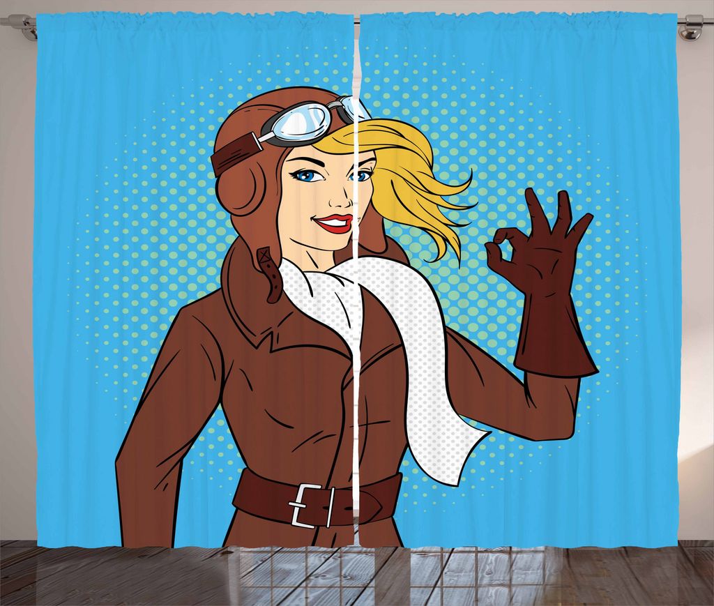 ABAKUHAUS Pin up Girl Rustikaler Gardine, Pop-Art-Pilotin, Schlafzimmer Kräuselband Vorhang mit Schlaufen und Haken, 280 x 175 cm, Mehrfarbig