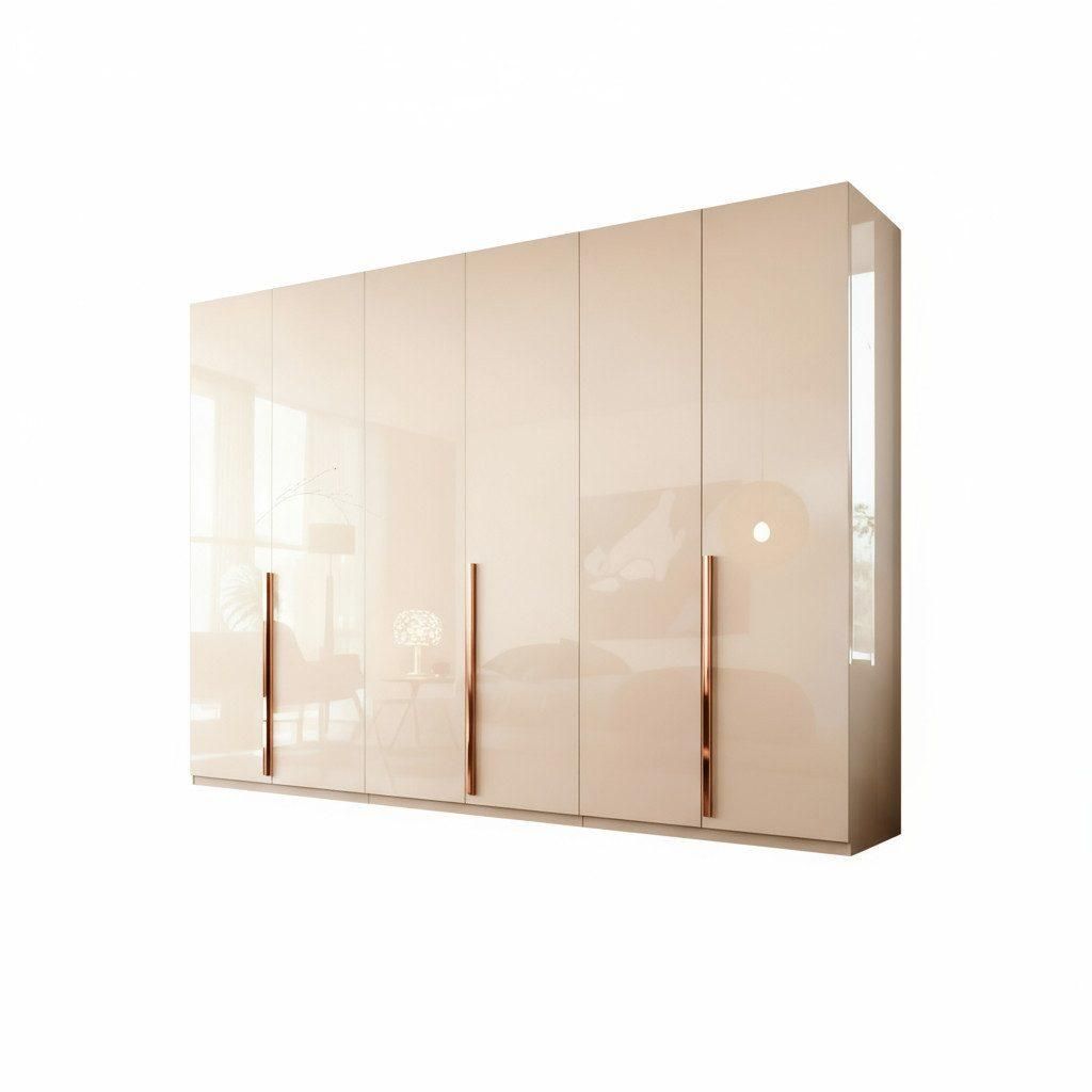Kleiderschrank Prince 6‐türig Beige Hochglanz Griffe in bronzfarben (Spar-Set) Maße ca.: Breite: 300cm / Tiefe: 62cm / Höhe: 218cm