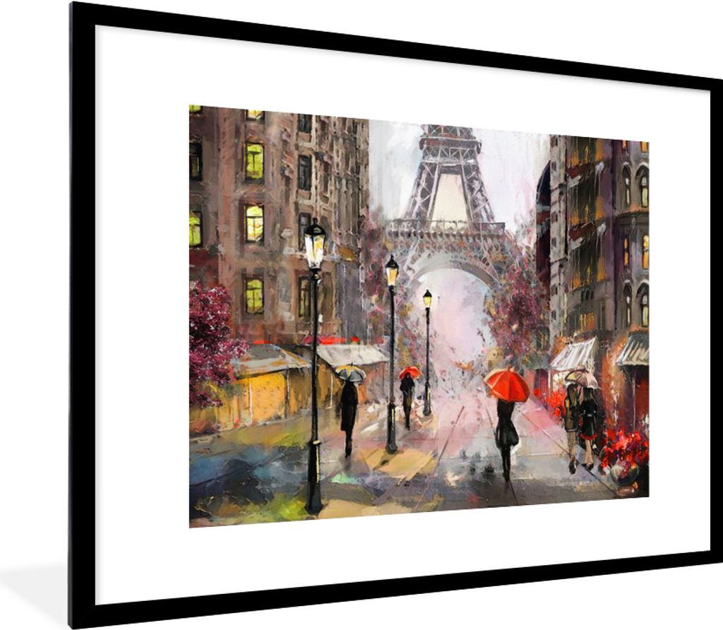 MuchoWow Gerahmtes Poster Gemälde - Paris - Eiffelturm - Regenschirm - Ölgemälde 80x60 cm - Poster mit Schwarzem Bilderrahmen Wandposter Rahme...