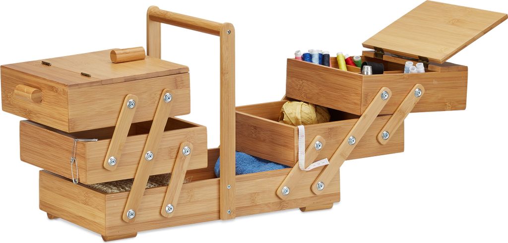 Relaxdays Nähkästchen Bambus XXL, viele Fächer, Nähkasten Produktbild 
