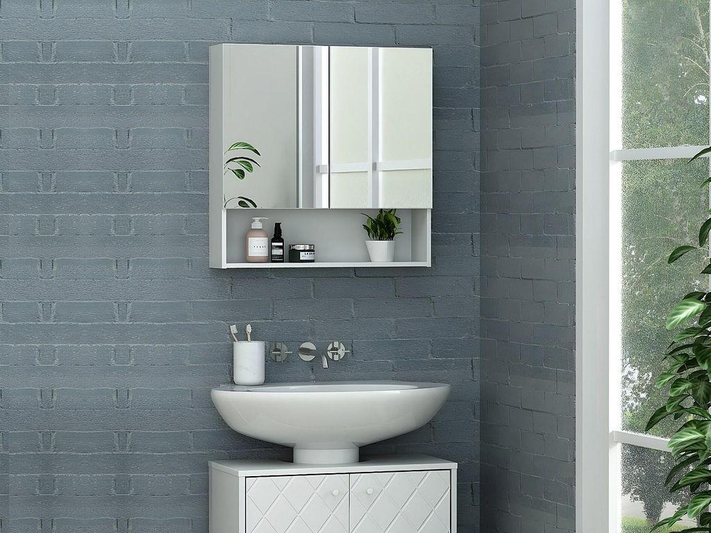 Badezimmer Hängeschrank mit Spiegel und Aussparung - Weiß - ZUMPA