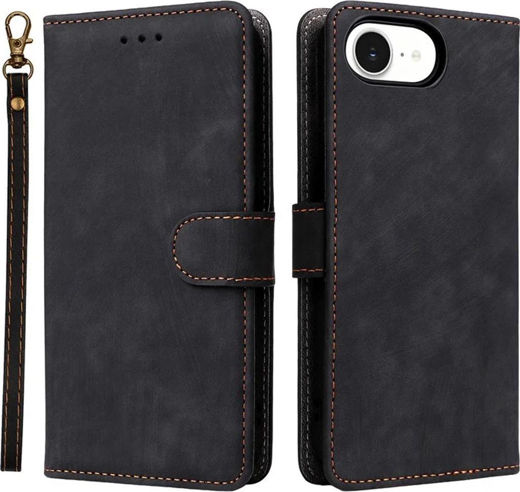 Hülle für Apple iPhone 16e - Phonesta Vintage Skin Book Wallet Klapphülle mit abnehmbarer Kordel - Schwarz