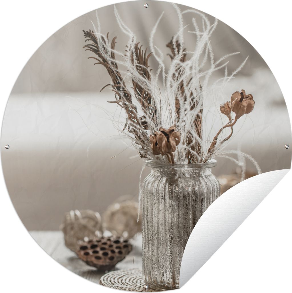 MuchoWow Gartenposter Outdoor-Poster Rund Stilleben - Getrocknete Blumen - Vase Ø 120 cm Gartendeko Rundes Poster draußen