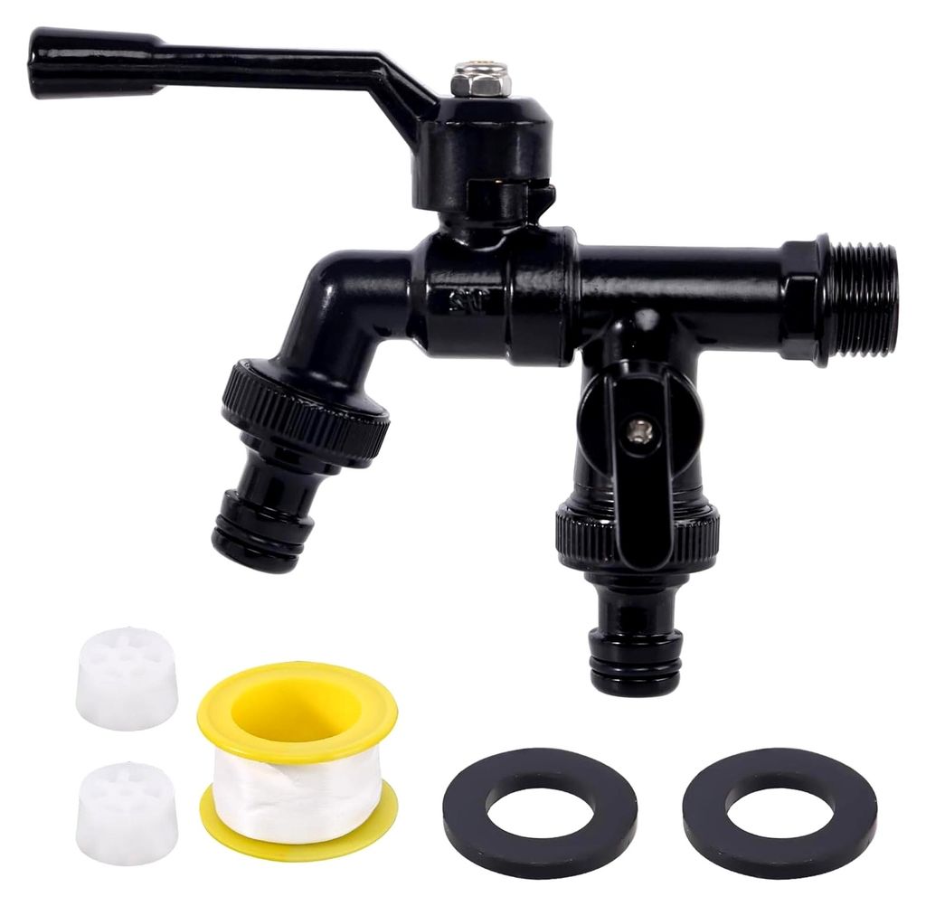 Frostschutz Doppel Wasserhahn Garten 1/2 Zoll aus 100% hochfestem Messing mit 2x 3/4 Zoll Abgängen