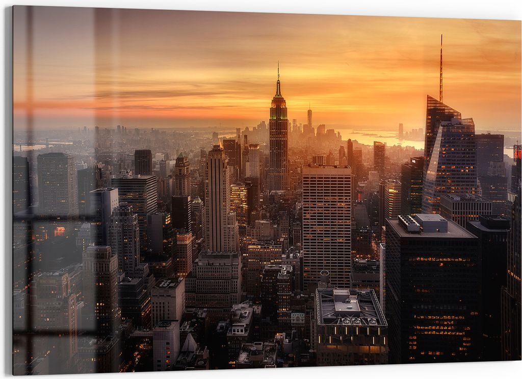 DEQORI Glasbild Echtglas 90x60 cm 'Goldene Stadtsilhouette' Wandbild Bild modern Deko