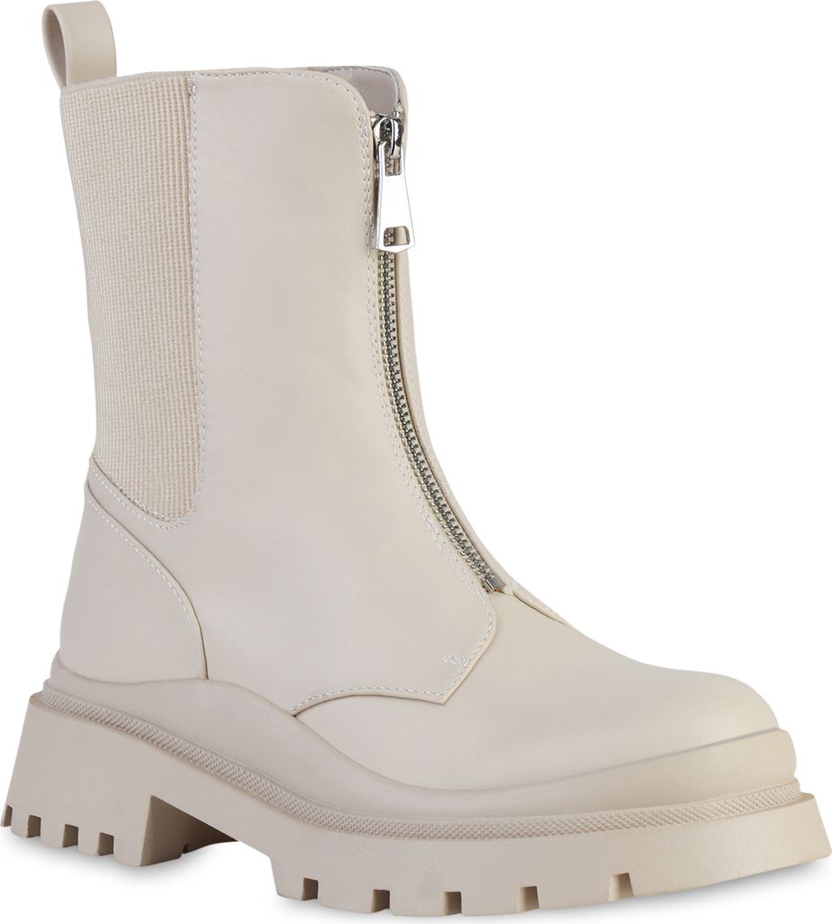 VAN HILL Damen Leicht Gefütterte Stiefeletten Plateau Boots Profil-Sohle Schuhe 837956, Farbe: Beige, Größe: 37